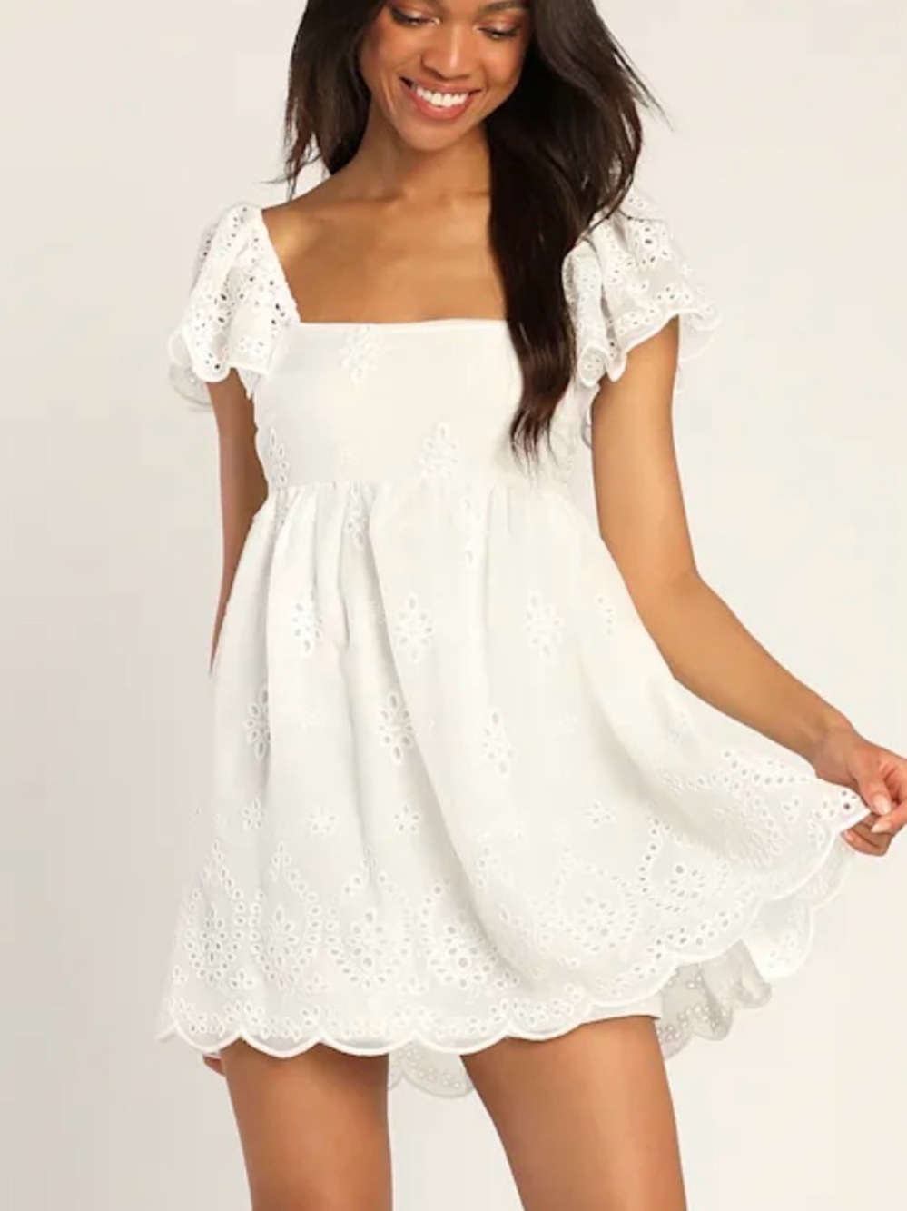 Lulu's White Eyelet Mini Dress with Ruffle Sleeves